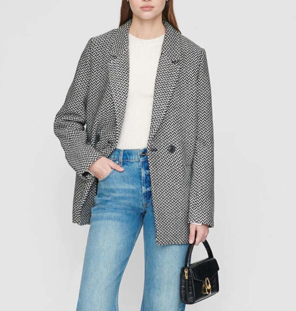 NWT ANINE BING Fishbone Blazer Black Off White Wool (XS)